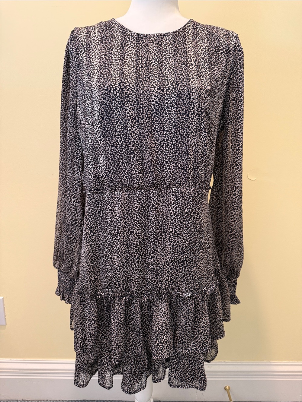 Lulu’s Women's Black and White Floral Tiered Long-Sleeve Dress Size XL
